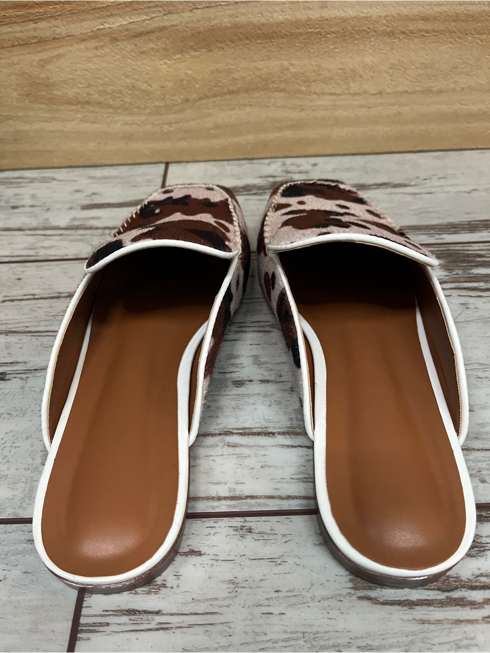 Cow Print Hair Calf Leather Square Toe Mules Womens 8 Low Heel Slip On Slides - Picture 14 of 16